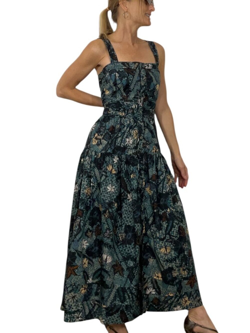 Ulla Johnson Isabela Dress 10 Rainforest Midi Blue Floral Sleeveless Cotton - Picture 2 of 16